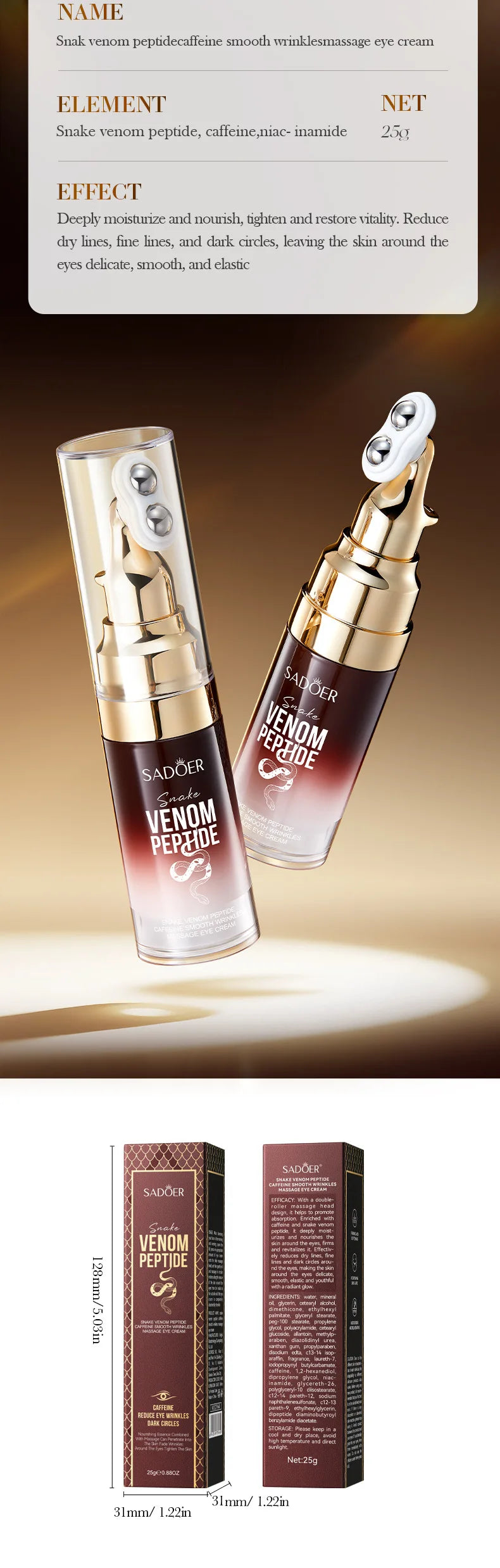 SADOER Peptide & Caffeine Massage Eye Cream | Cooling Under-Eye Care 25gEye Cream